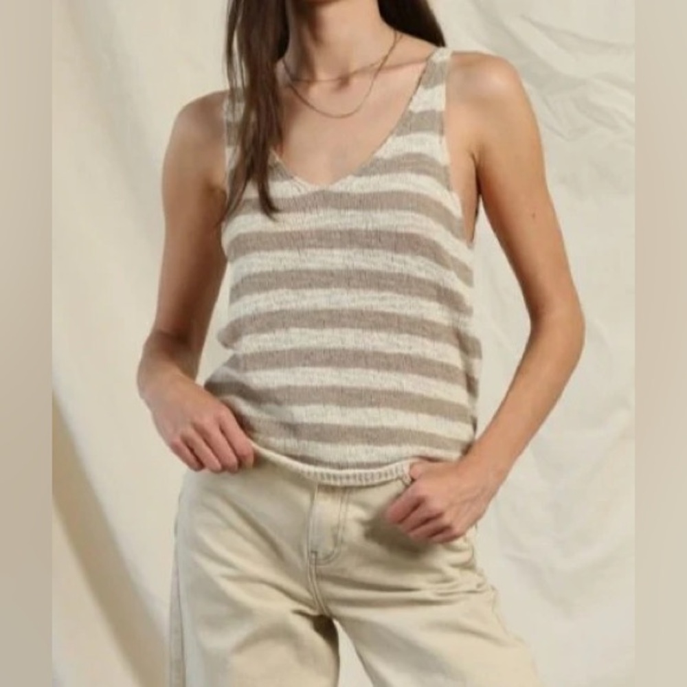 By Together Beige and White Striped Tank Top